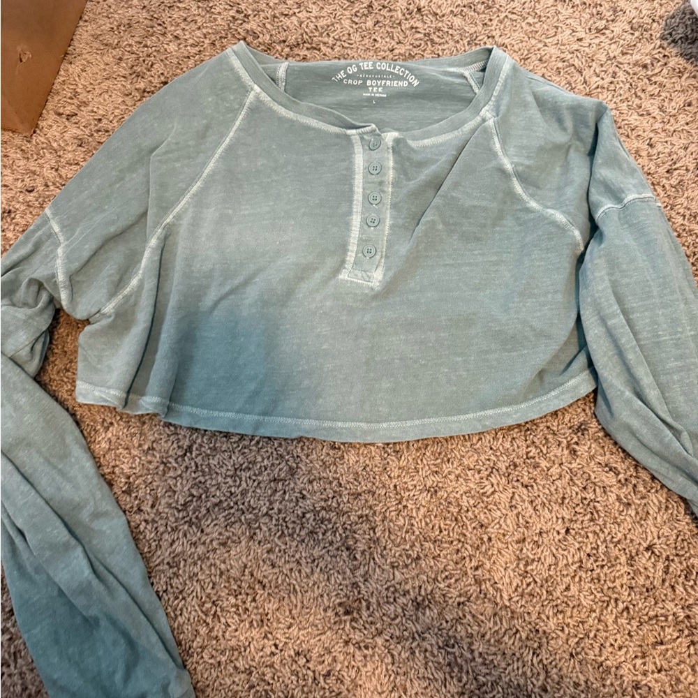 Aeropostale Gray and White Long Sleeve Polo Crop Top